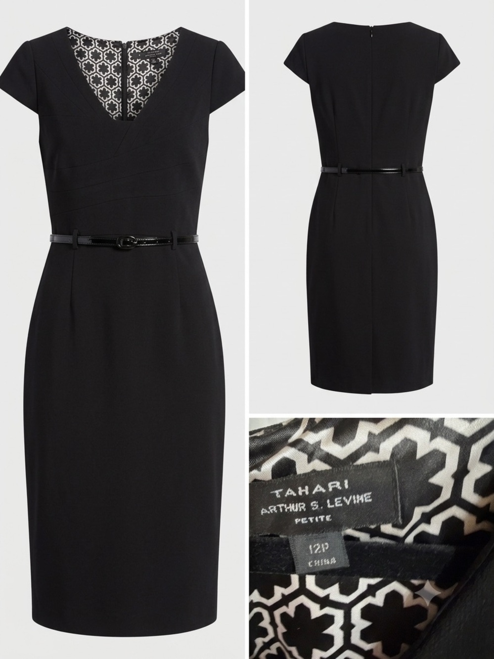 Tahari Black V‑Neck Cap Sleeve Sheath Dress with Belt